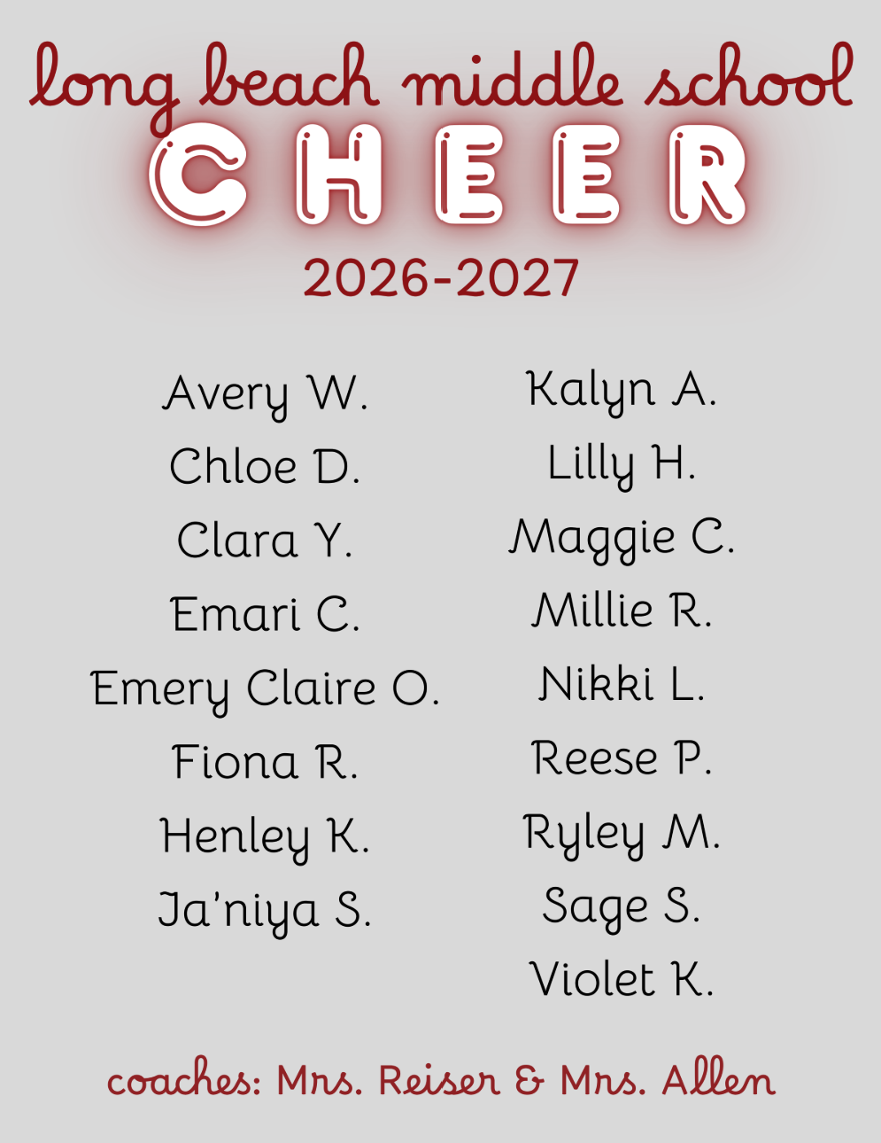 Roster announcement graphic for Long Beach Middle School Cheer 2026–2027. The background is light gray with large glowing red letters spelling “CHEER” at the top. Beneath it are two columns listing team members. Left column: Avery W., Chloe D., Clara Y., Emari C., Emery Claire O., Fiona R., Henley K., Ja’niya S. Right column: Kalyn A., Lilly H., Maggie C., Millie R., Nikki L., Reese P., Ryley M., Sage S., Violet K. The bottom of the graphic lists the coaches: Mrs. Reiser and Mrs. Allen.